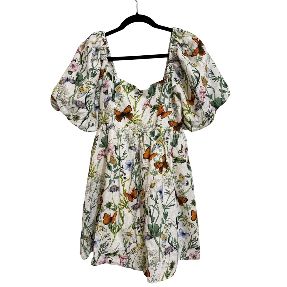 Avec Les Filles Butterfly Floral Puff Sleeve Mini Dress White XS New